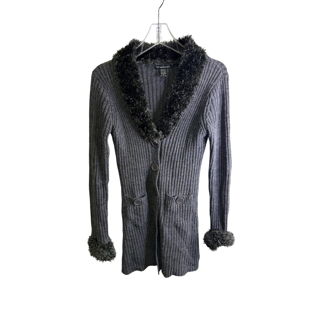 52 Weekends Womens Gray Ribbed Long Cardigan Fuzzy Trimmed Collar & Cuffs Medium