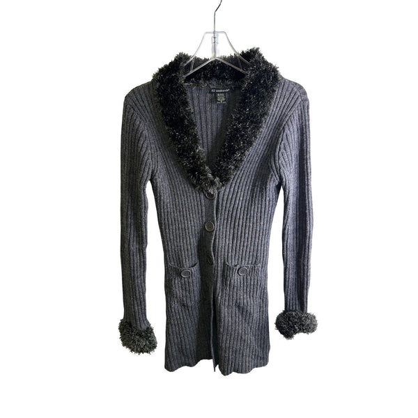 52 Weekends Womens Gray Ribbed Long Cardigan Fuzzy Trimmed Collar & Cuffs Medium