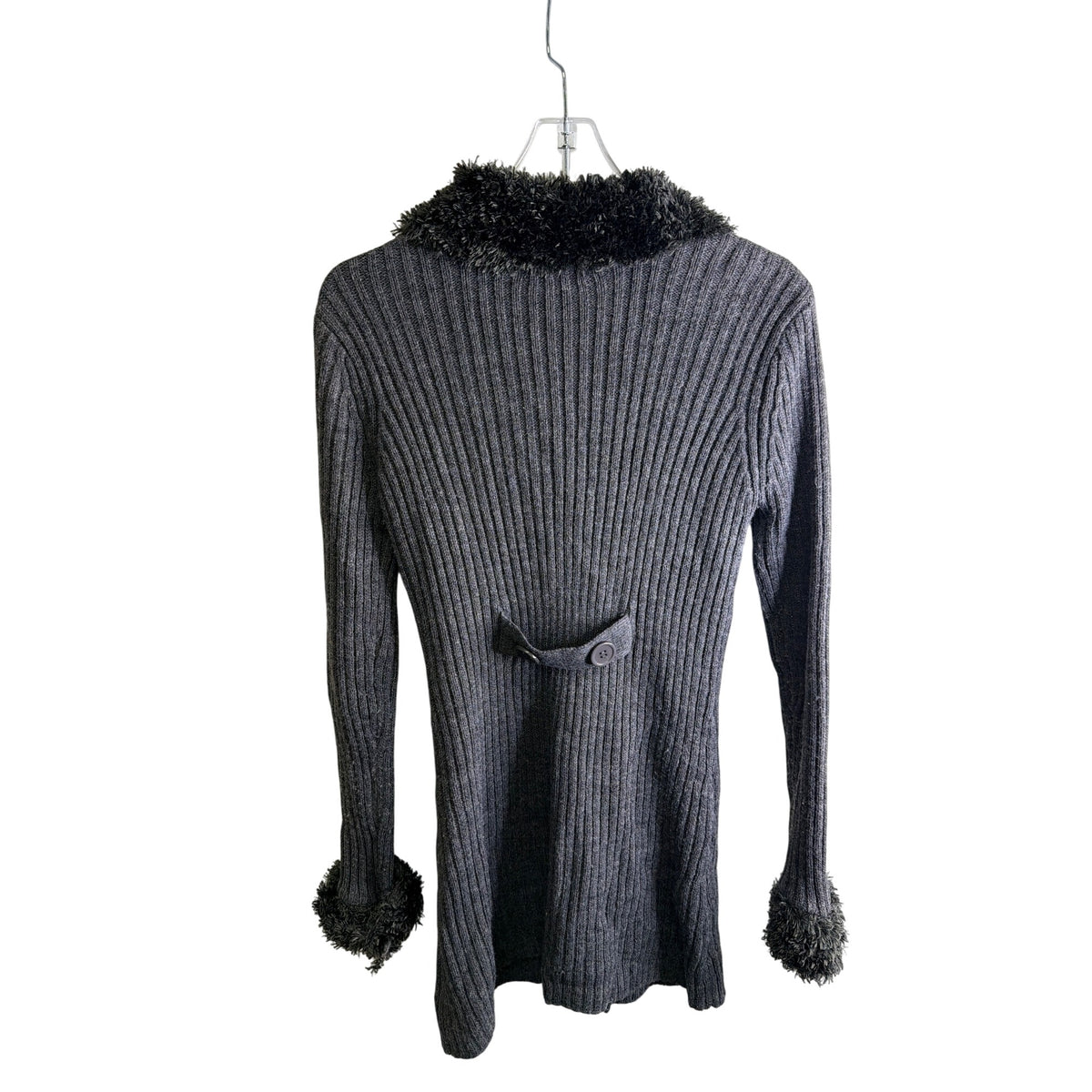 52 Weekends Womens Gray Ribbed Long Cardigan Fuzzy Trimmed Collar & Cuffs Medium