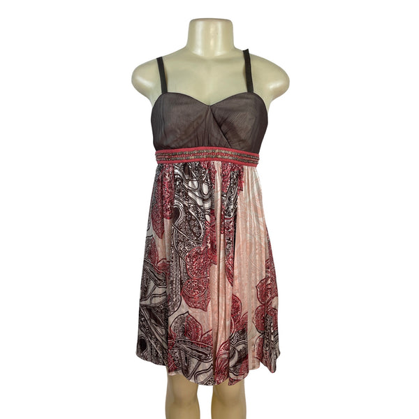 BCBG Maxazria Sleeveless Empire Waist Dress Brown/Pink Paisley Print Size 0