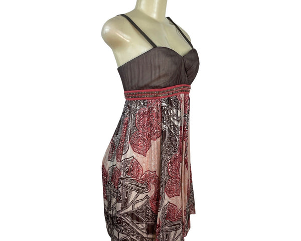 BCBG Maxazria Sleeveless Empire Waist Dress Brown/Pink Paisley Print Size 0