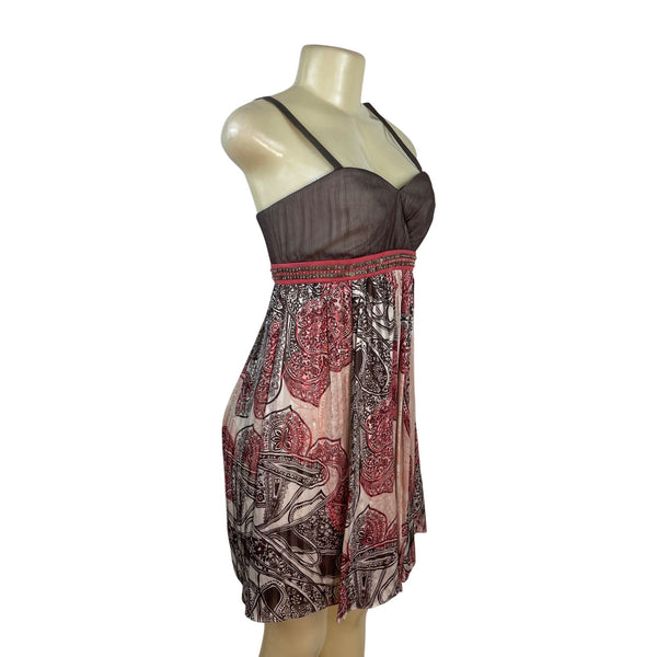 BCBG Maxazria Sleeveless Empire Waist Dress Brown/Pink Paisley Print Size 0