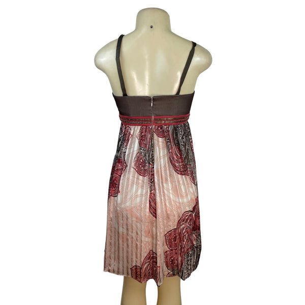 BCBG Maxazria Sleeveless Empire Waist Dress Brown/Pink Paisley Print Size 0