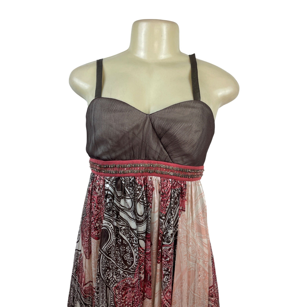 BCBG Maxazria Sleeveless Empire Waist Dress Brown/Pink Paisley Print Size 0