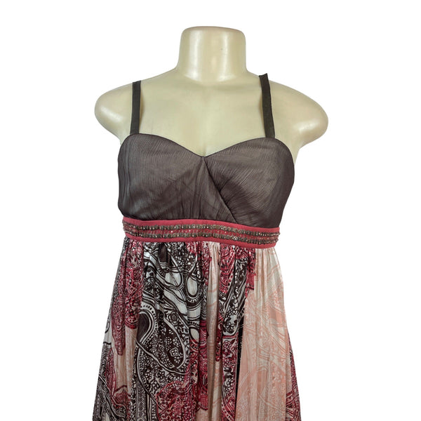 BCBG Maxazria Sleeveless Empire Waist Dress Brown/Pink Paisley Print Size 0