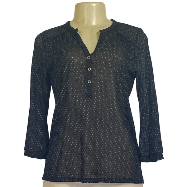 The Limited Womens Polka Dot Henley Blouse Button Detail 3/4 Sleeves Black & White Nylon Blend Size M New