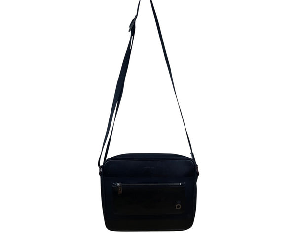 Givenchy Black Leather & Nylon Embossed Logo Zippered Top Messenger Bag Sz L