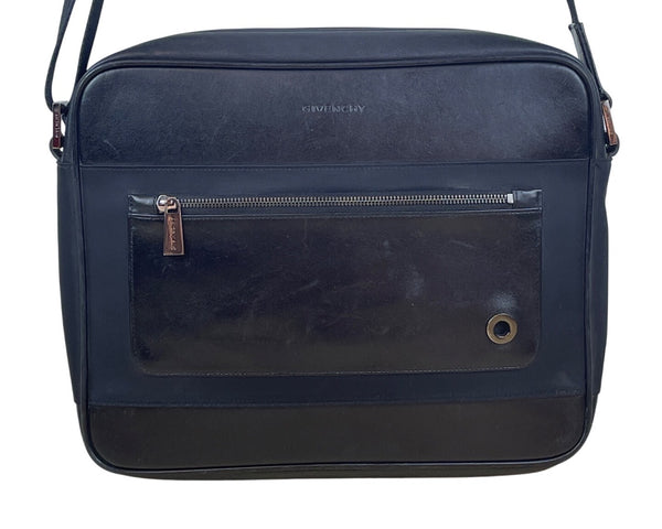 Givenchy Black Leather & Nylon Embossed Logo Zippered Top Messenger Bag Sz L