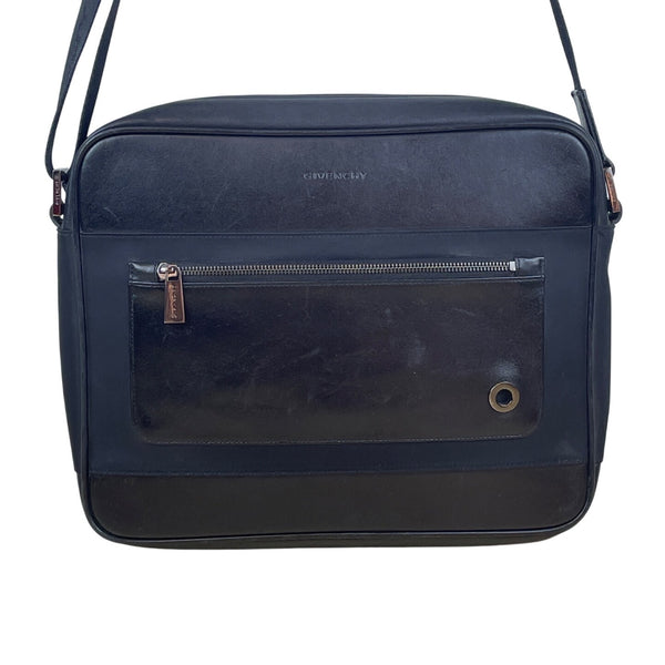 Givenchy Black Leather & Nylon Embossed Logo Zippered Top Messenger Bag Sz L