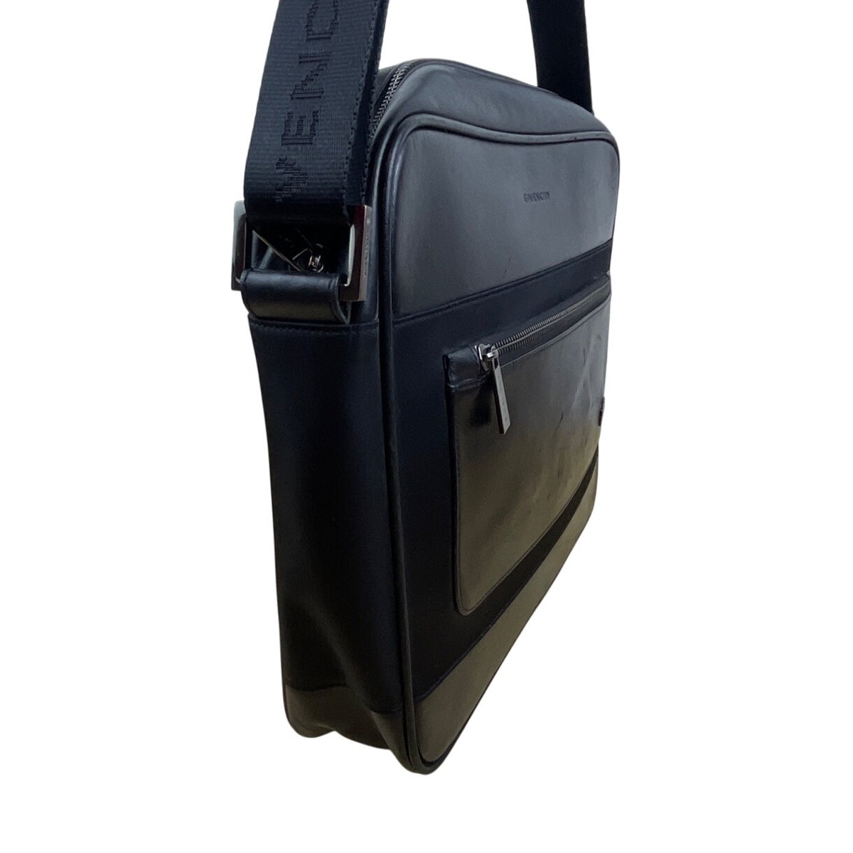 Givenchy Black Leather & Nylon Embossed Logo Zippered Top Messenger Bag Sz L