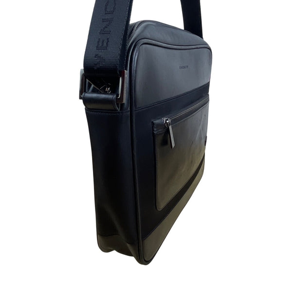 Givenchy Black Leather & Nylon Embossed Logo Zippered Top Messenger Bag Sz L