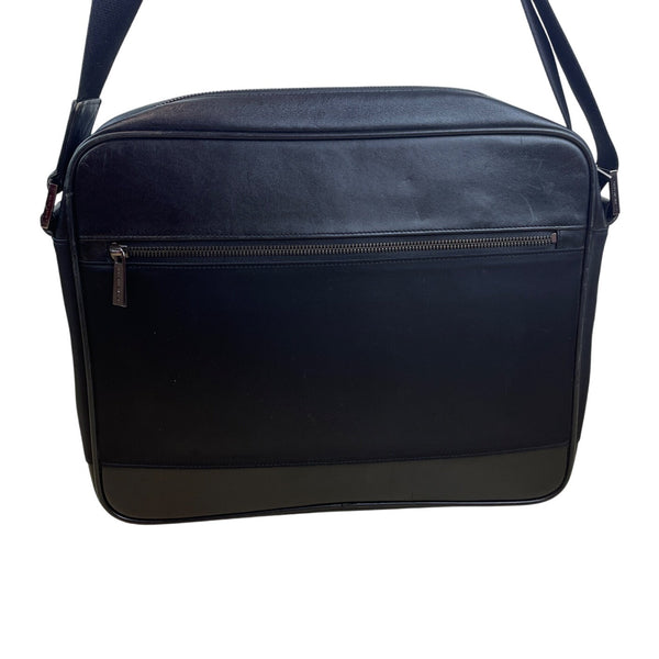 Givenchy Black Leather & Nylon Embossed Logo Zippered Top Messenger Bag Sz L
