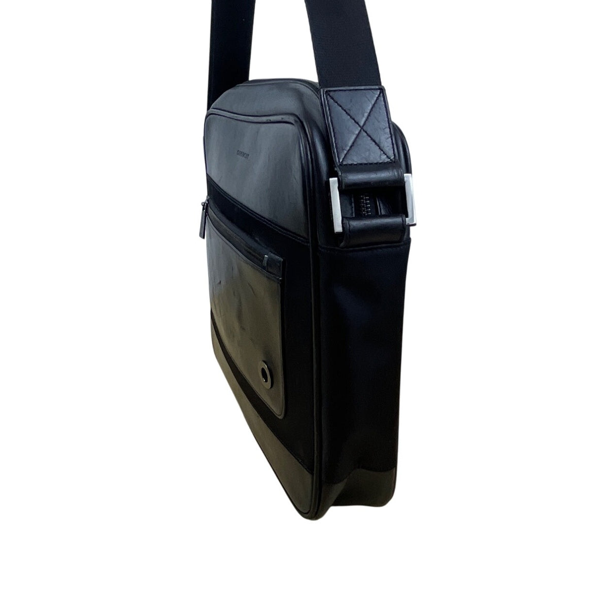 Givenchy Black Leather & Nylon Embossed Logo Zippered Top Messenger Bag Sz L