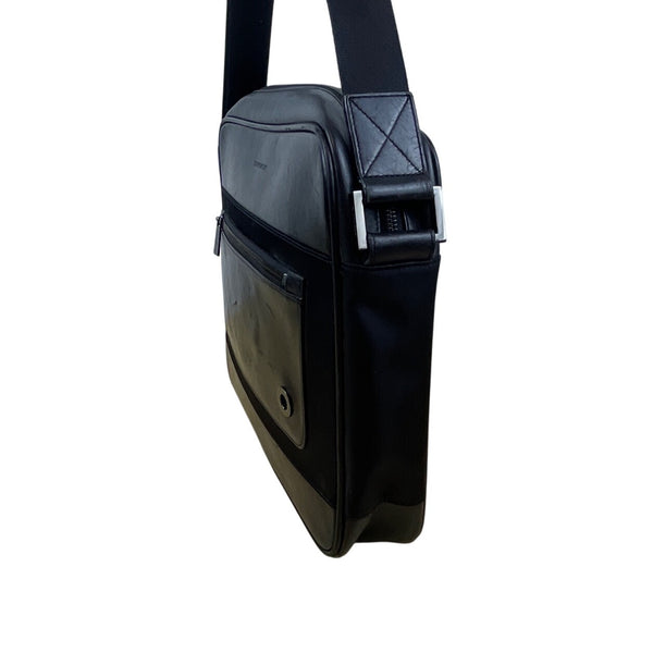 Givenchy Black Leather & Nylon Embossed Logo Zippered Top Messenger Bag Sz L