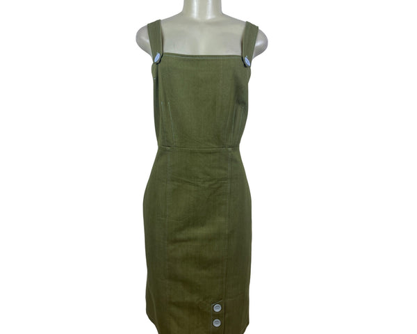 E.C. Star Women's Olive Green Sleeveless Denim Button Accent Midi Dress Sz L