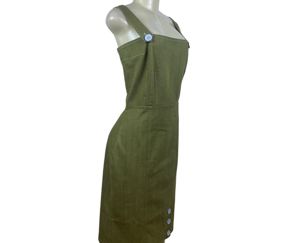 E.C. Star Women's Olive Green Sleeveless Denim Button Accent Midi Dress Sz L