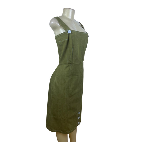 E.C. Star Women's Olive Green Sleeveless Denim Button Accent Midi Dress Sz L