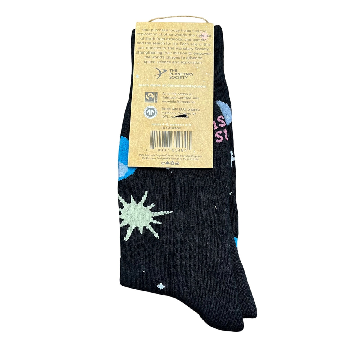 Conscious Step Unisex Black Organic Cotton Space Exploration Socks Size S