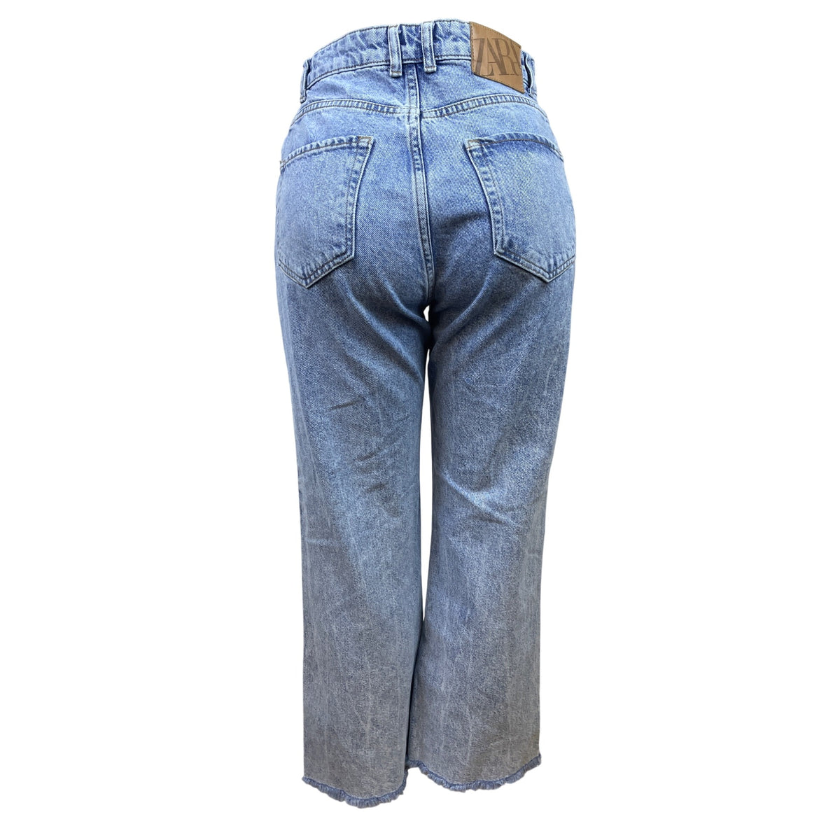 Zara Women's Blue Washed Denim High-Rise Crop Jeans With Frayed Hem Sz 6
