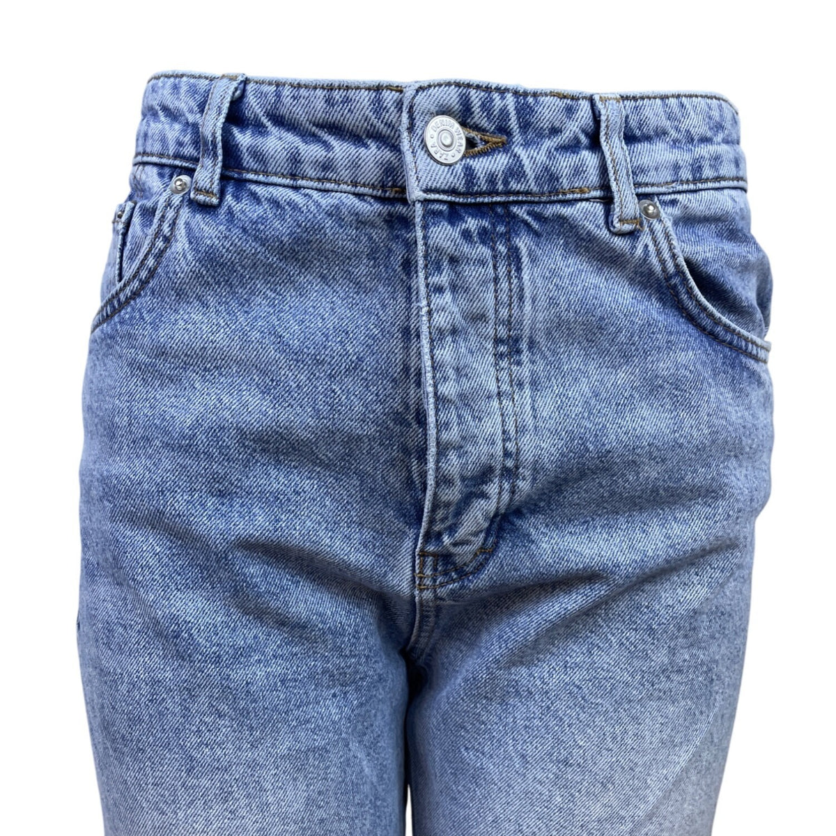 Zara Women's Blue Washed Denim High-Rise Crop Jeans With Frayed Hem Sz 6