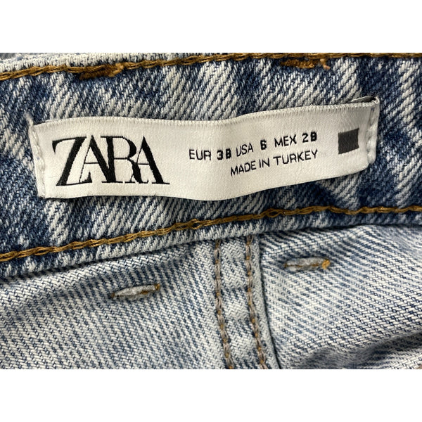 Zara Women's Blue Washed Denim High-Rise Crop Jeans With Frayed Hem Sz 6