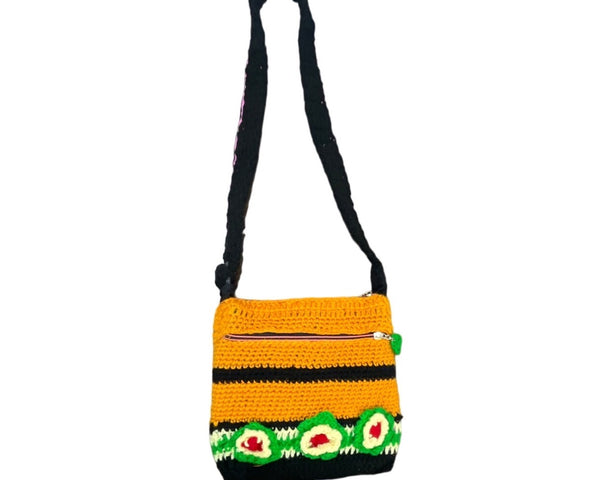 Handmade Orange Knitted Boho Small Crossbody Shoulder Bag with Flower Details