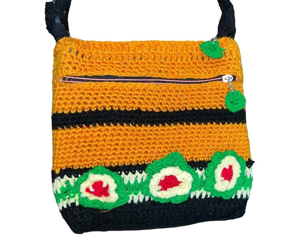 Handmade Orange Knitted Boho Small Crossbody Shoulder Bag with Flower Details
