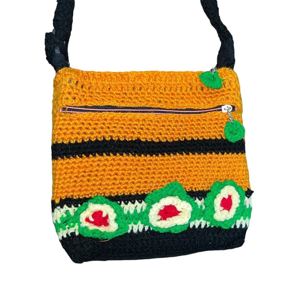 Handmade Orange Knitted Boho Small Crossbody Shoulder Bag with Flower Details