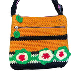 Handmade Orange Knitted Boho Small Crossbody Shoulder Bag with Flower Details