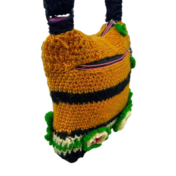 Handmade Orange Knitted Boho Small Crossbody Shoulder Bag with Flower Details