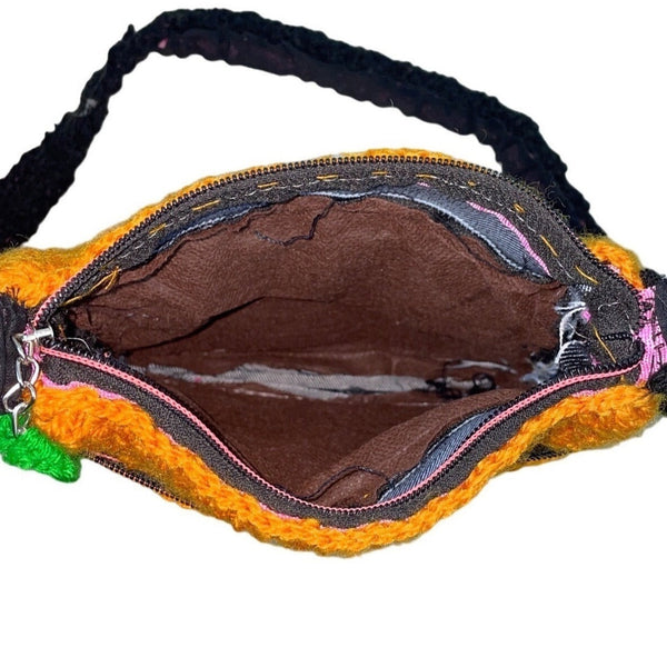 Handmade Orange Knitted Boho Small Crossbody Shoulder Bag with Flower Details