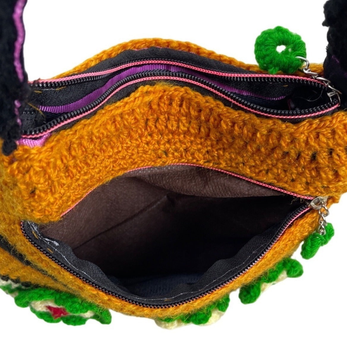 Handmade Orange Knitted Boho Small Crossbody Shoulder Bag with Flower Details
