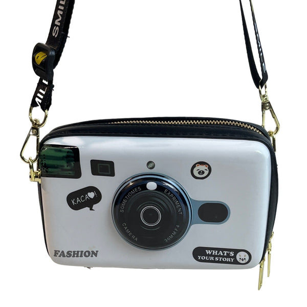Fashion Women's White Kawai Camera Design With Smileys Strap Shoulder Bag Sz S