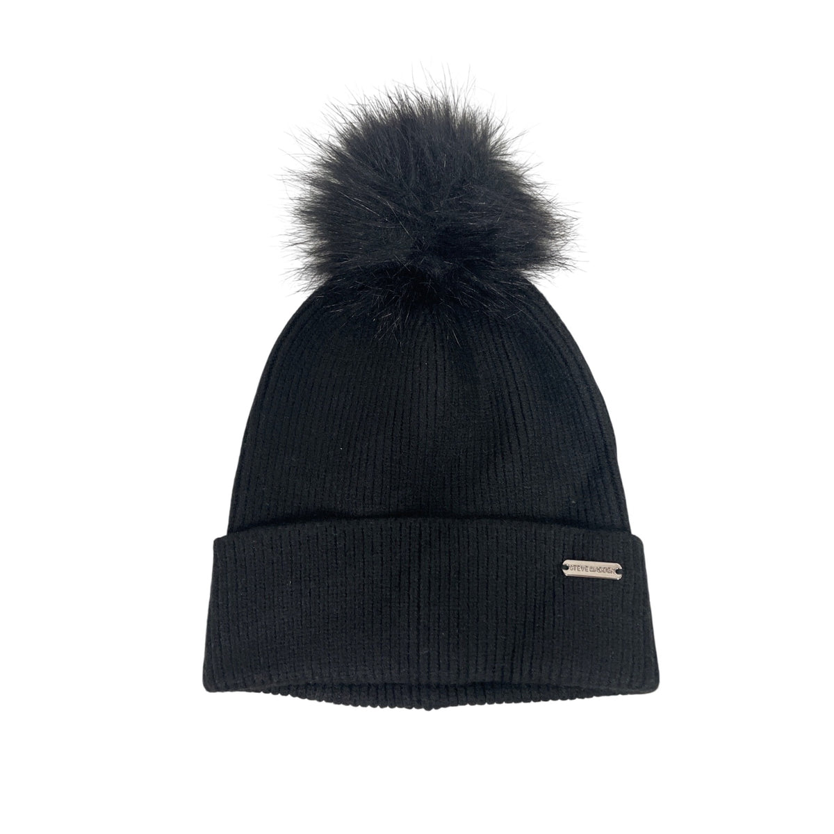 Steve Madden Womens Black Rayon Blend Faux Fur Pom Beanie Hat One Size Winter