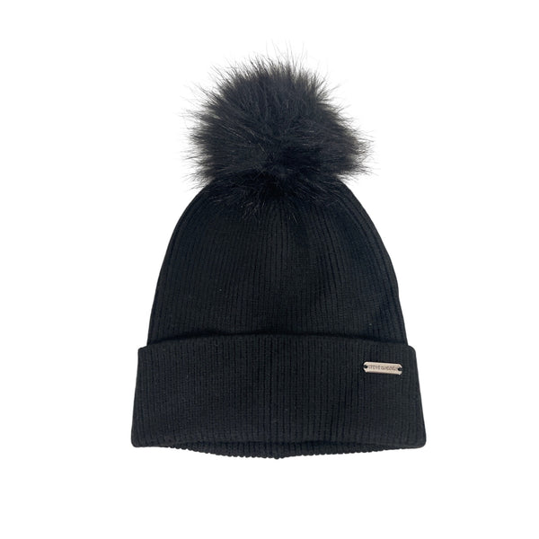 Steve Madden Womens Black Rayon Blend Faux Fur Pom Beanie Hat One Size Winter