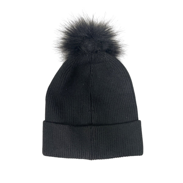 Steve Madden Womens Black Rayon Blend Faux Fur Pom Beanie Hat One Size Winter