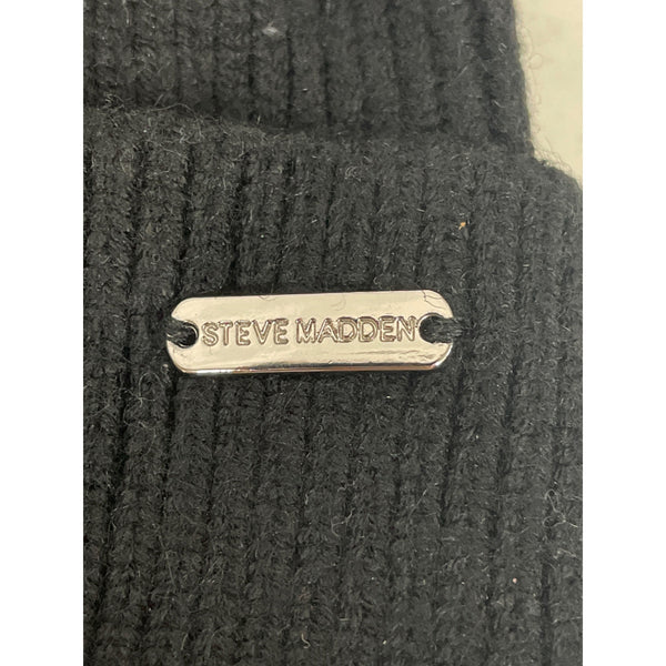 Steve Madden Womens Black Rayon Blend Faux Fur Pom Beanie Hat One Size Winter
