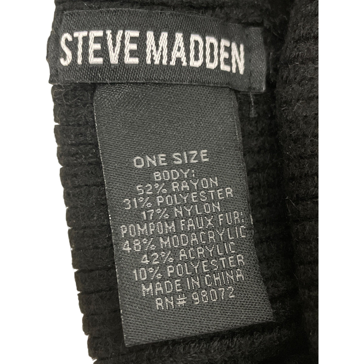 Steve Madden Womens Black Rayon Blend Faux Fur Pom Beanie Hat One Size Winter