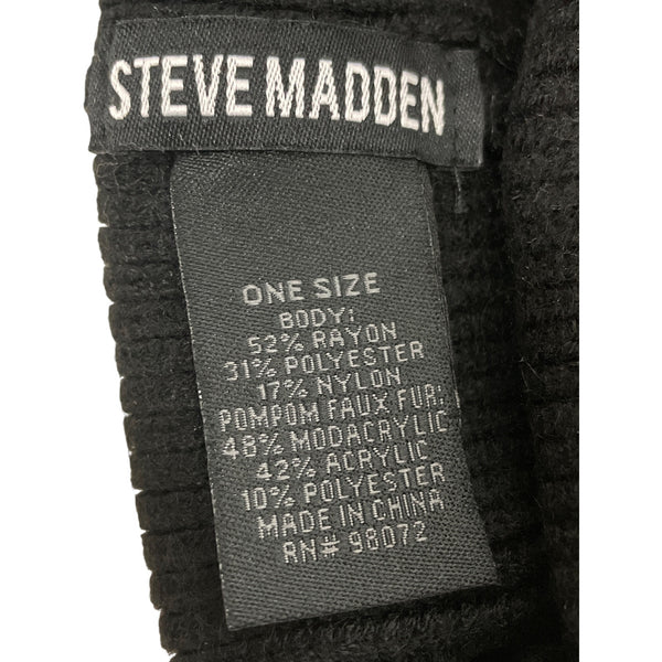 Steve Madden Womens Black Rayon Blend Faux Fur Pom Beanie Hat One Size Winter