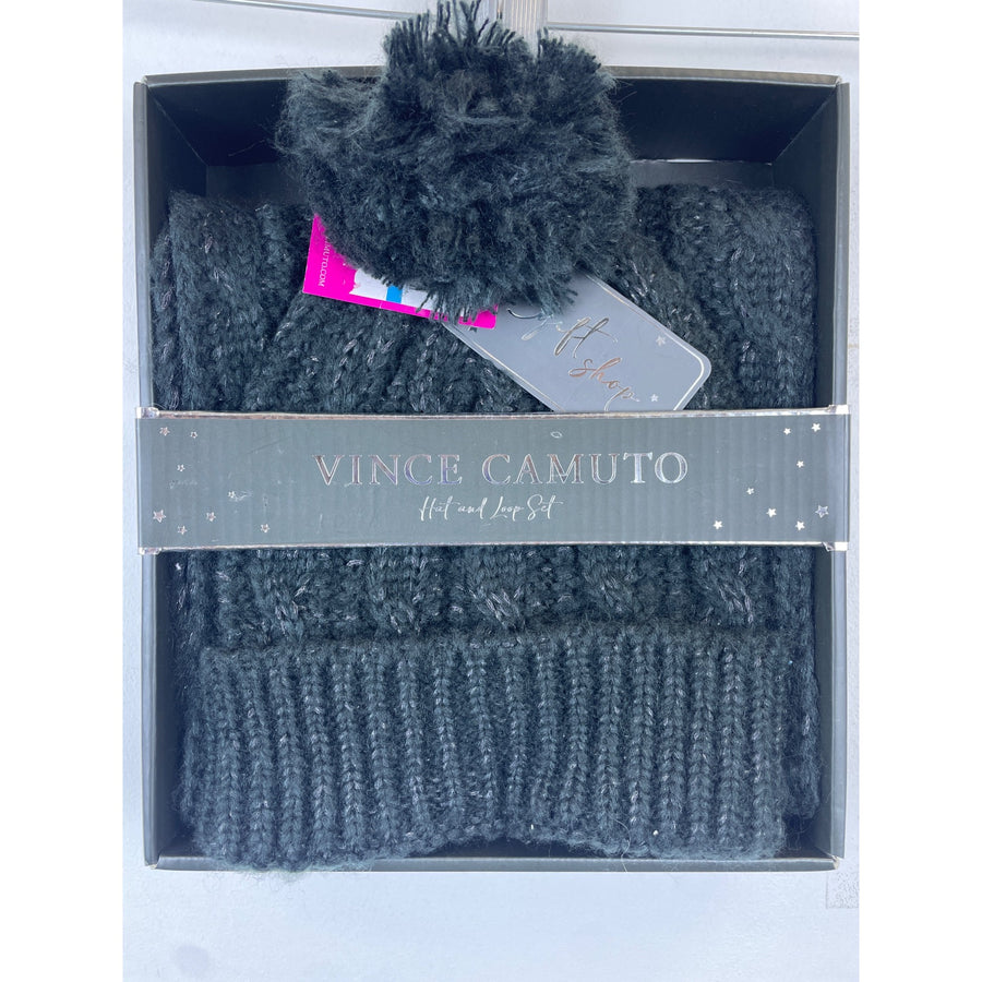 Vince Camuto Women’s Black Knit Hat & Scarf Set With Pom Detail One Size Gift Ready
