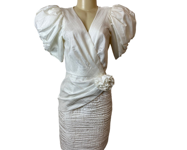 Vintage 80s Cach'e White Satin Sz 8 Dress Puff Sleeves & Ruched Skirt Design Women