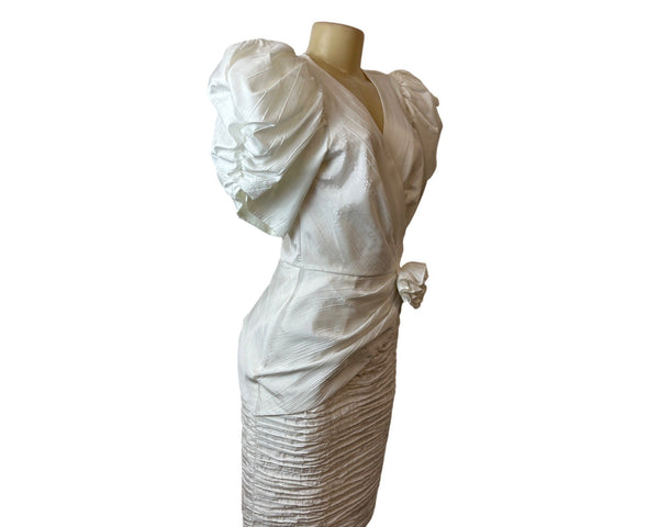 Vintage 80s Cach'e White Satin Sz 8 Dress Puff Sleeves & Ruched Skirt Design Women