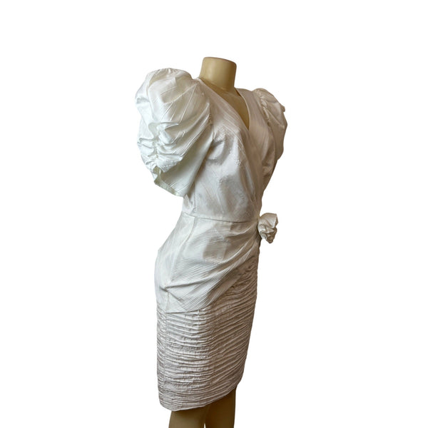 Vintage 80s Cach'e White Satin Sz 8 Dress Puff Sleeves & Ruched Skirt Design Women