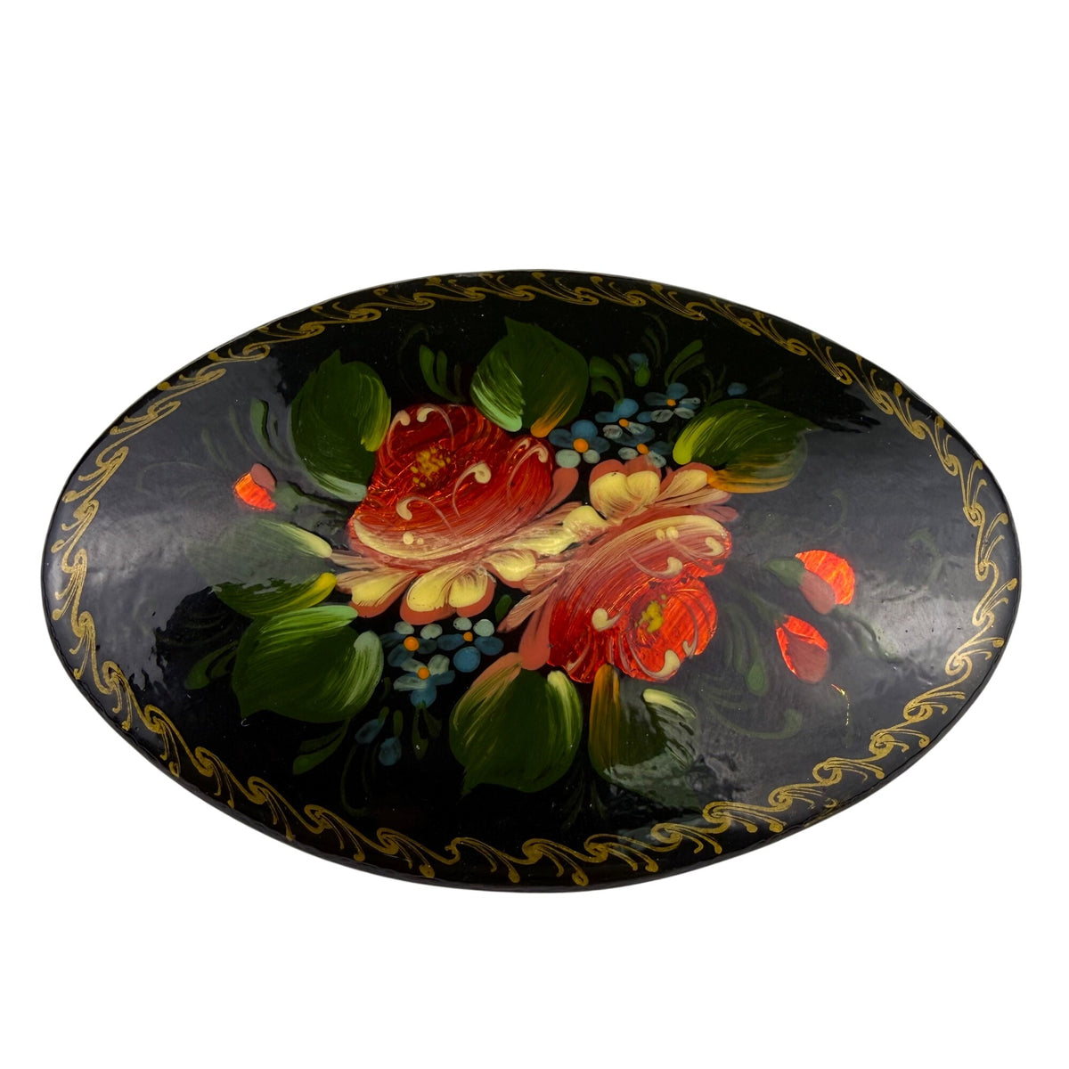 Hand-Painted Vintage Brooch Women Black Lacquer Floral Design Oval 1992 Original