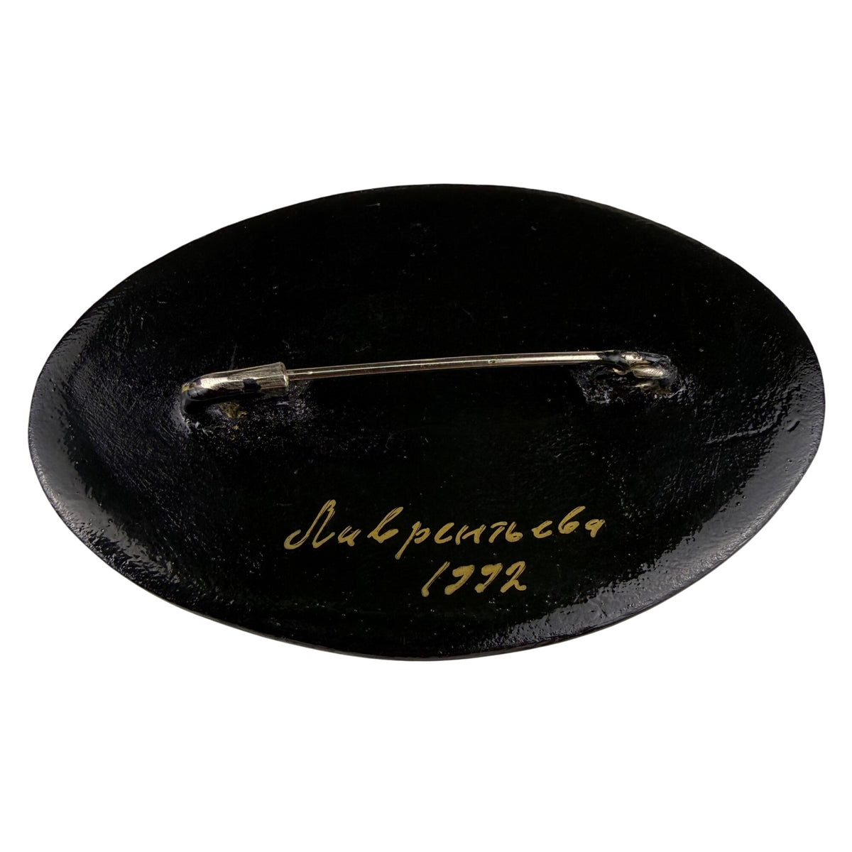 Hand-Painted Vintage Brooch Women Black Lacquer Floral Design Oval 1992 Original