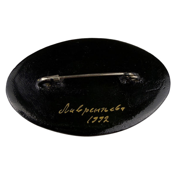 Hand-Painted Vintage Brooch Women Black Lacquer Floral Design Oval 1992 Original
