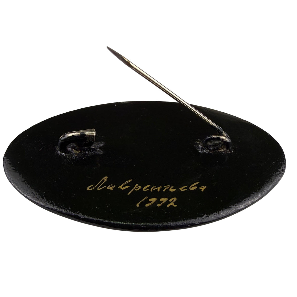 Hand-Painted Vintage Brooch Women Black Lacquer Floral Design Oval 1992 Original