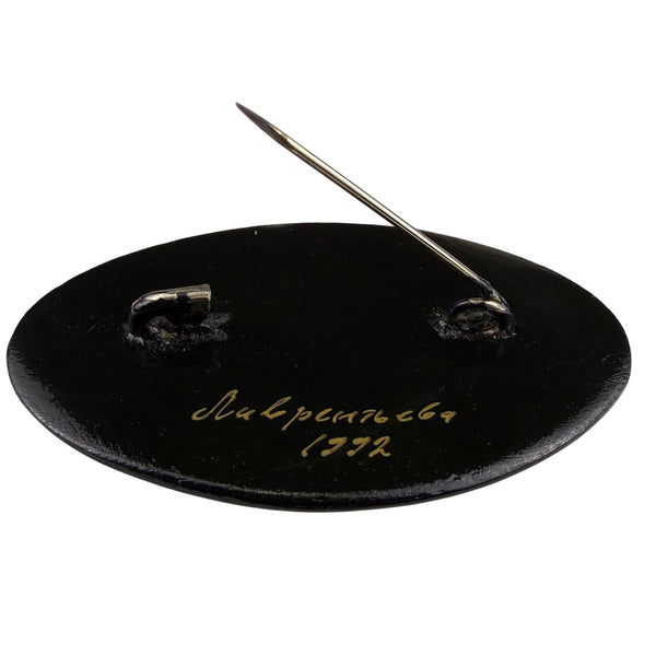 Hand-Painted Vintage Brooch Women Black Lacquer Floral Design Oval 1992 Original