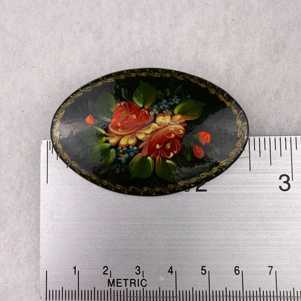 Hand-Painted Vintage Brooch Women Black Lacquer Floral Design Oval 1992 Original