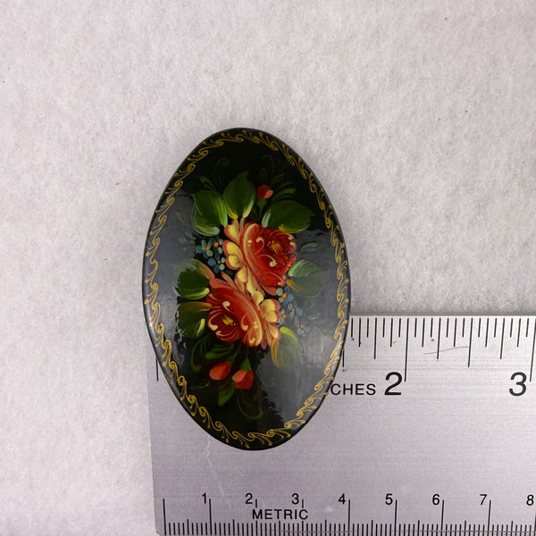 Hand-Painted Vintage Brooch Women Black Lacquer Floral Design Oval 1992 Original